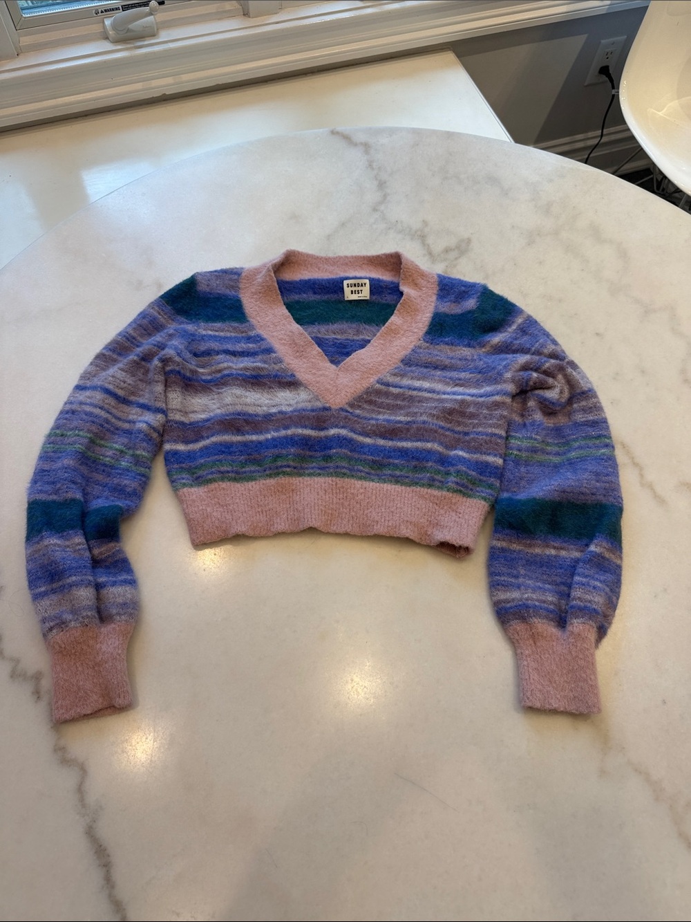 Sunday Best Lavender, Pink & Blue Striped V-Neck Cropped Sweater